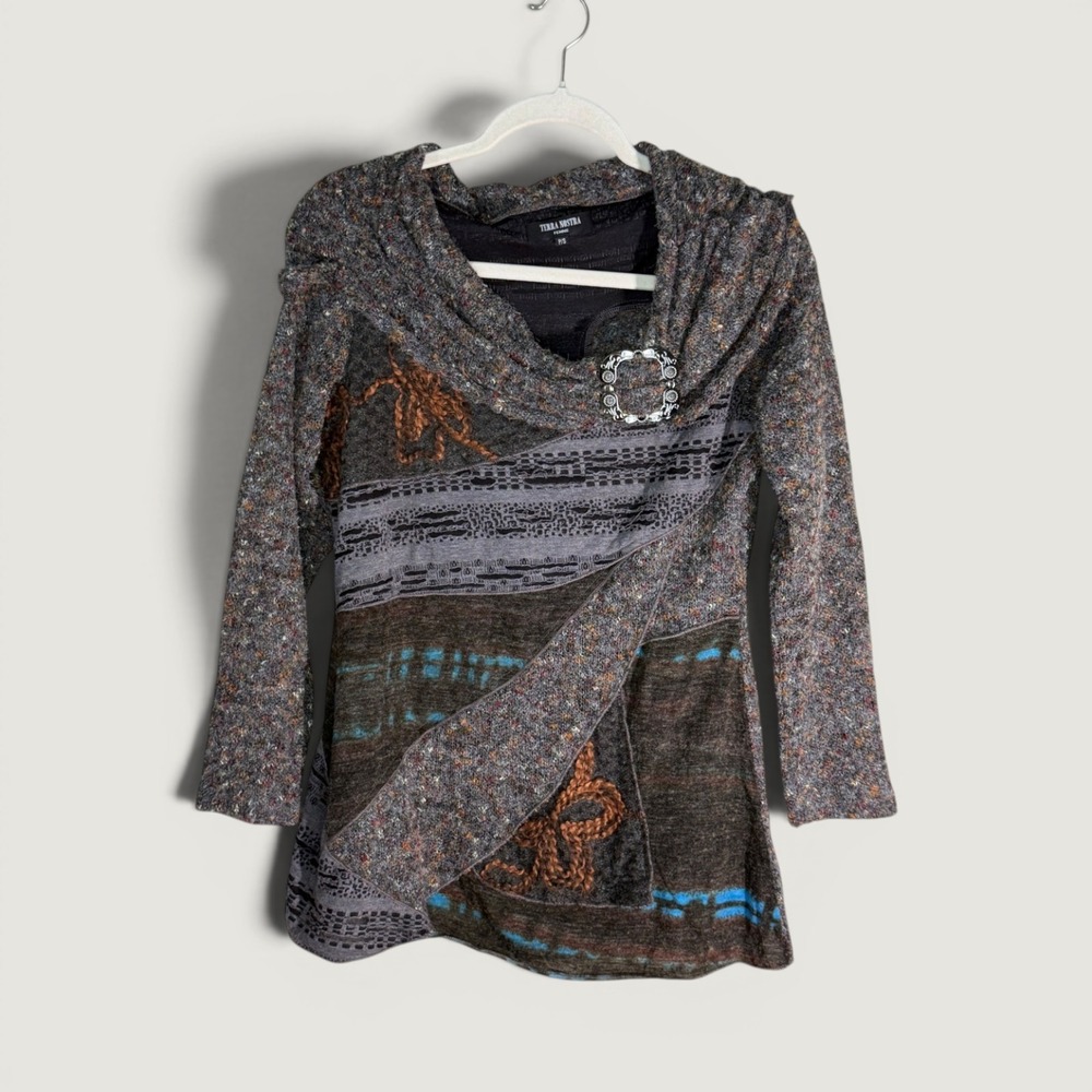 Terra Nostra Steampunk Goth Cowl Neck Mixed Media Buckle Top Grey P/S